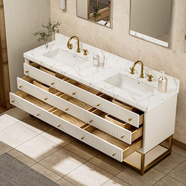 Solidoak 72 in. W x 22 in. D x 35.4 in. H Double Sink Bath Vanity in White with White Engineered Marble Top