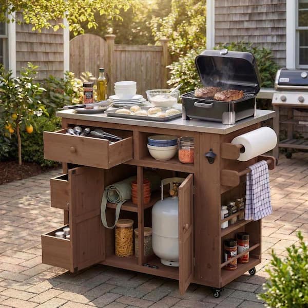Brown Stainless Steel Top Kitchen Cart with Side Spice Rack, Drawers, Storage Cabinet
