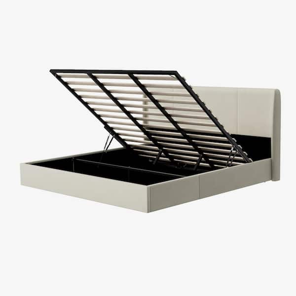 White Frame King Size Wingback Upholstered Platform Bed with Lift-up Storage Supported by Metal and Wooden Slats