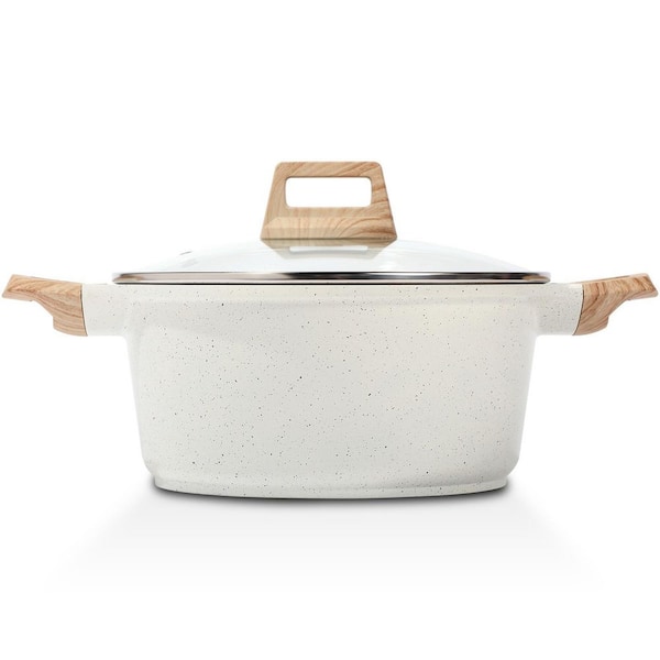 7 Quart White Nonstick Stock Pot with Lid, Granite Casserole, Large Soup Pot, Pasta Cooking Pot, Induction Compatible