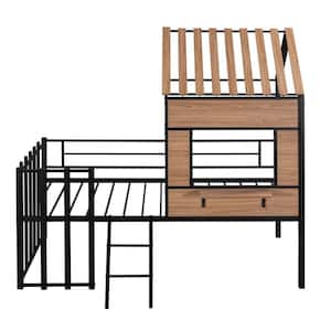 Playhouse Black Twin Size Loft Bed for Kids, Metal Low Loft Bed with Wood Roof and Window, Fence-Shaped Guardrail