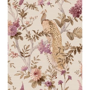 Floral Peacock Pink/Beige Glitter Finish Vinyl on Non-woven Non-Pasted Wallpaper Roll