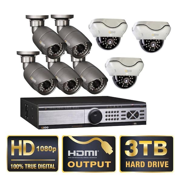Q-SEE Platinum Series 16-Channel 3TB SDI Surveillance System with 5 Bullet and 3 Dome 1080p Cameras, 50 ft. Night Vision