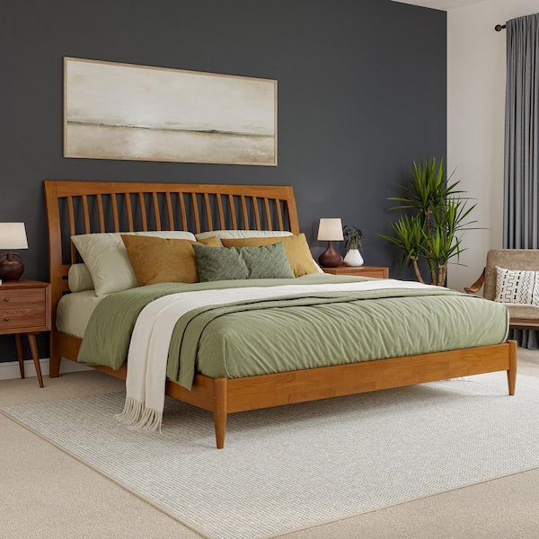 Orleans Light Toffee Natural Bronze Solid Wood Frame King Low Profile Sleigh Platform Bed