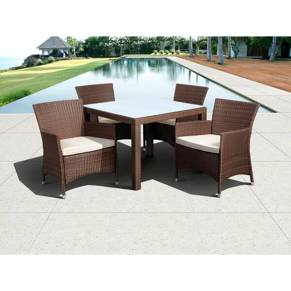 Atlantic Contemporary Lifestyle Grand New Liberty Deluxe Brown 5-Piece Square All-Weather Wicker Patio Dining Set with Off-White Cushions