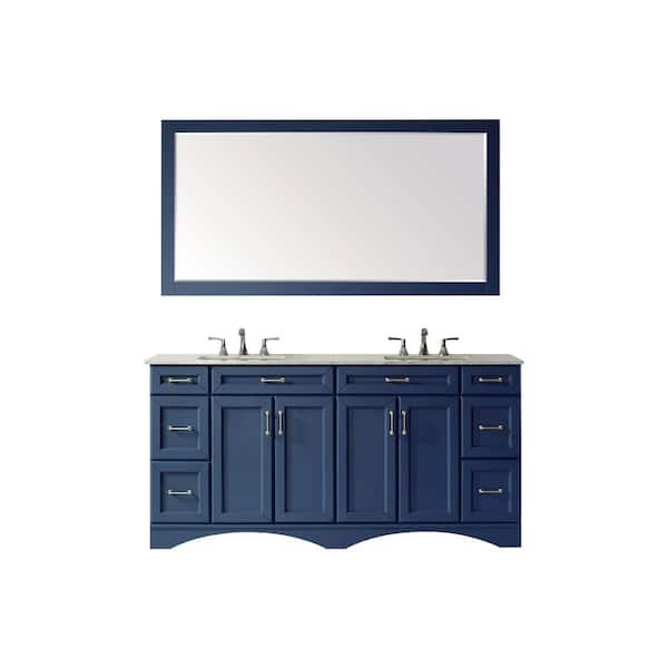 ROSWELL 72 in. W x 22 in D x 35.9 in H Bath Vanity in Blue with Carrara White Marble Vanity Top with Double Sinks and Mirror