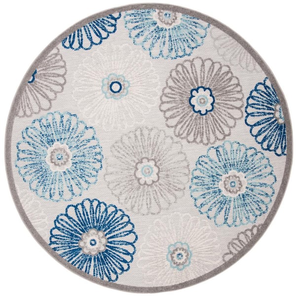 SAFAVIEH Cabana Gray/Blue Doormat 3 ft. x 3 ft. Border Floral Indoor/Outdoor Patio Round Area Rug