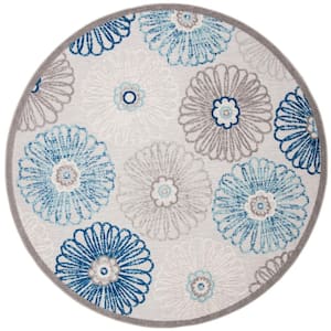 Cabana Gray/Blue 8 ft. x 8 ft. Border Floral Indoor/Outdoor Patio  Round Area Rug