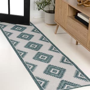 Lior Geometric Turquoise/Cream 2 ft. x 8 ft. Moroccan Diamond Indoor/Outdoor Runner Rug