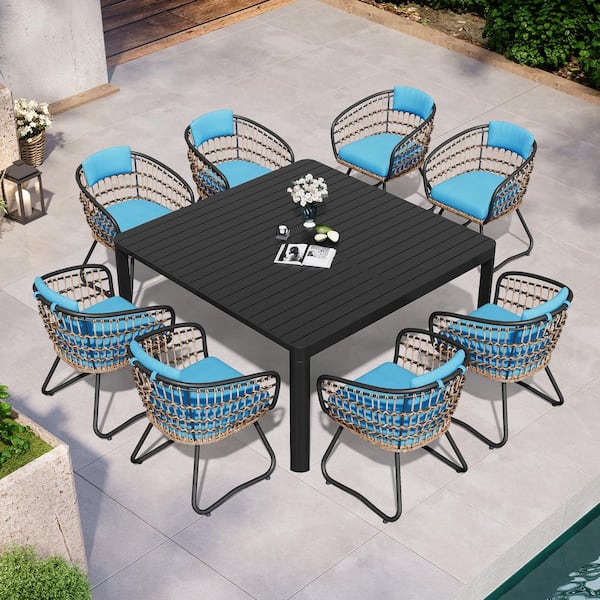 Pellebant 9-Piece Metal Extendable Outdoor Dining Set with Blue Cushion, Aluminum Extension Table and Steel Rattan Chairs