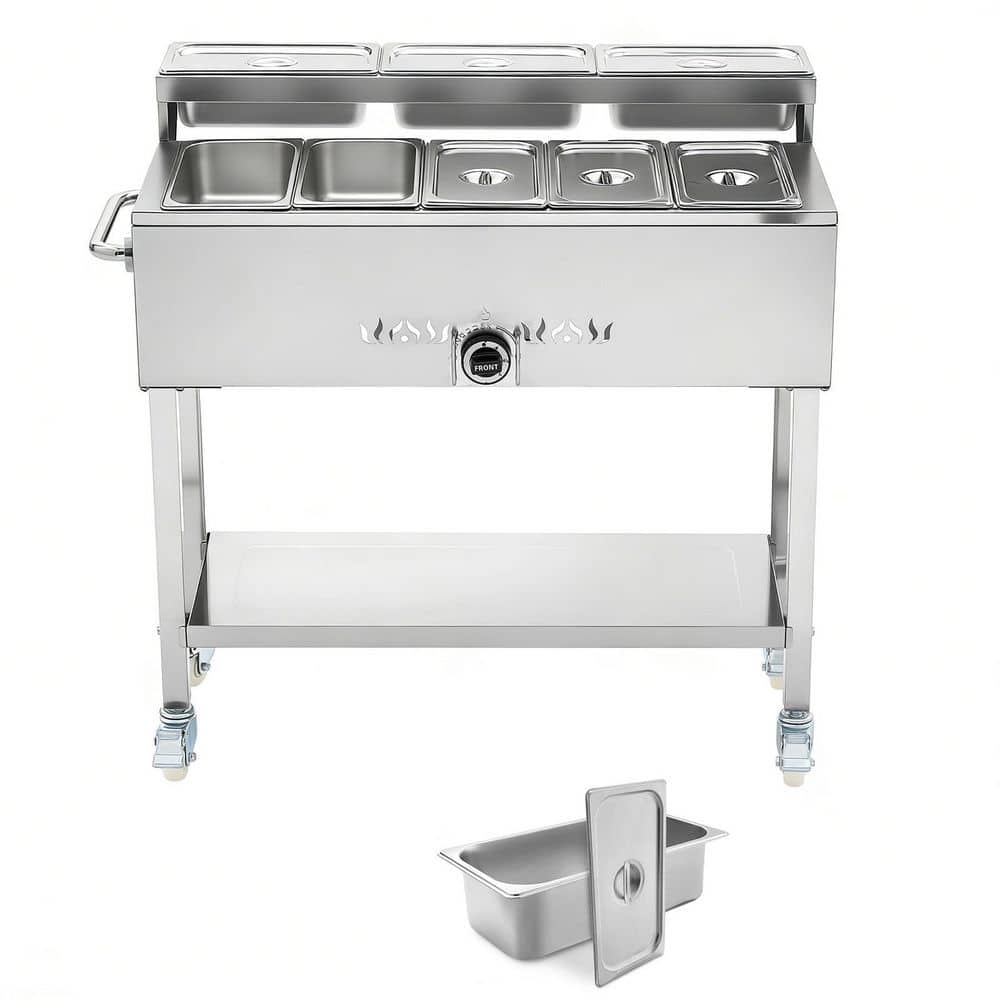 Commercial Propane Steam Table, 5-Food Pans and 3-Condiment Pans, LP Gas Outdoor Soup Warmer with Drain Valve and Wheels