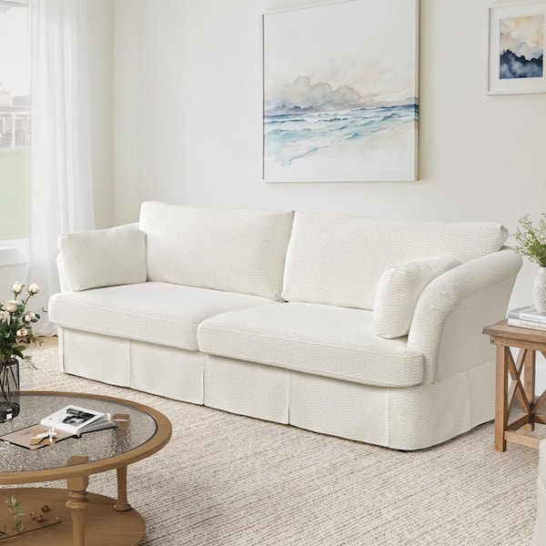 Isabella Chenille Upholstered Rectangle 2-Seater Sofa 98.4 in. W Flared Arms Wooden Frame Couch in Beige for 3 People