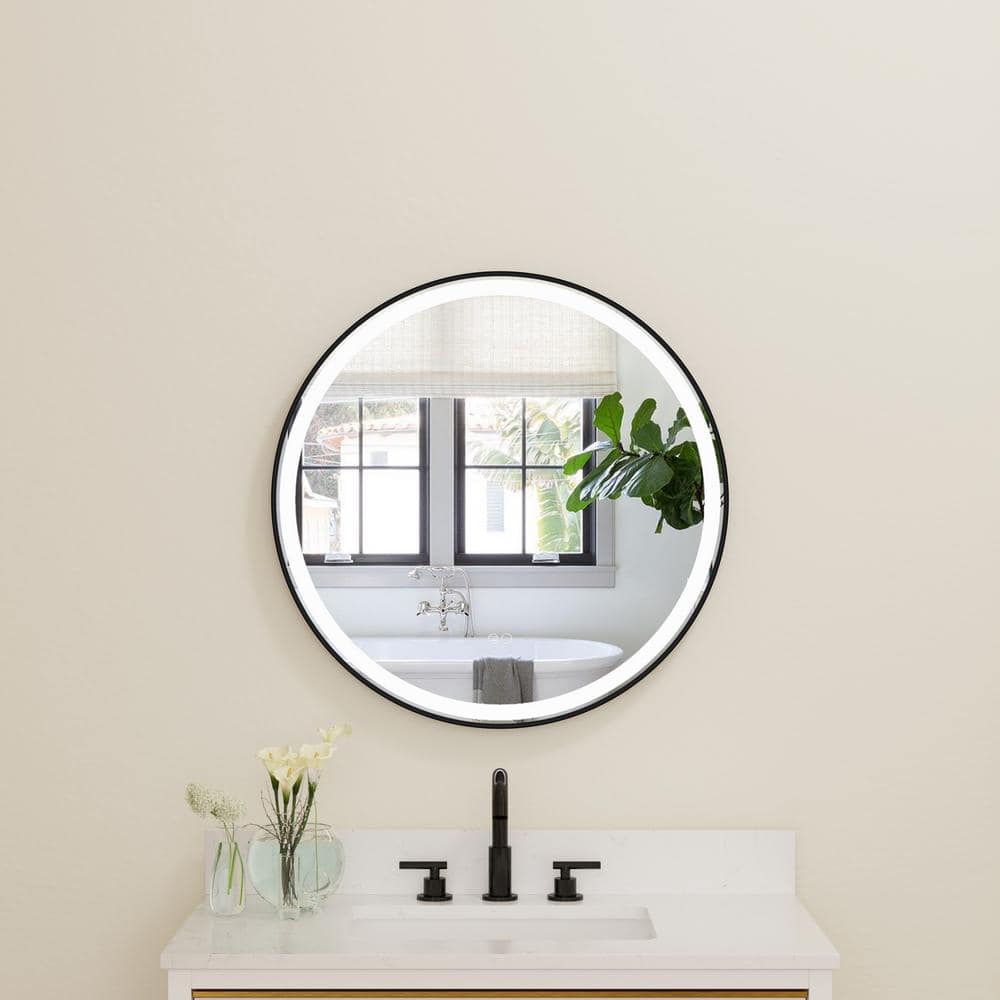 28 in. W x 28 in. H Round Framed Wall Anti-Fog Bathroom Mirror with Lights 