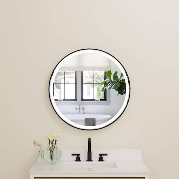 ANGELES HOME 28 in. W x 28 in. H Round Framed Wall Anti-Fog Bathroom Mirror with Lights in Black