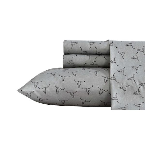 Steer Skulls 4-Piece Grey Microfiber Queen Sheet Set