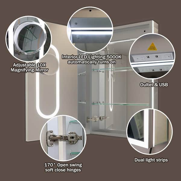 AuraX 20 in. W x 32 in. H Rectangular Recessed/Surface Mount Left Medicine Cabinet with Mirror, Backlit and Front LED