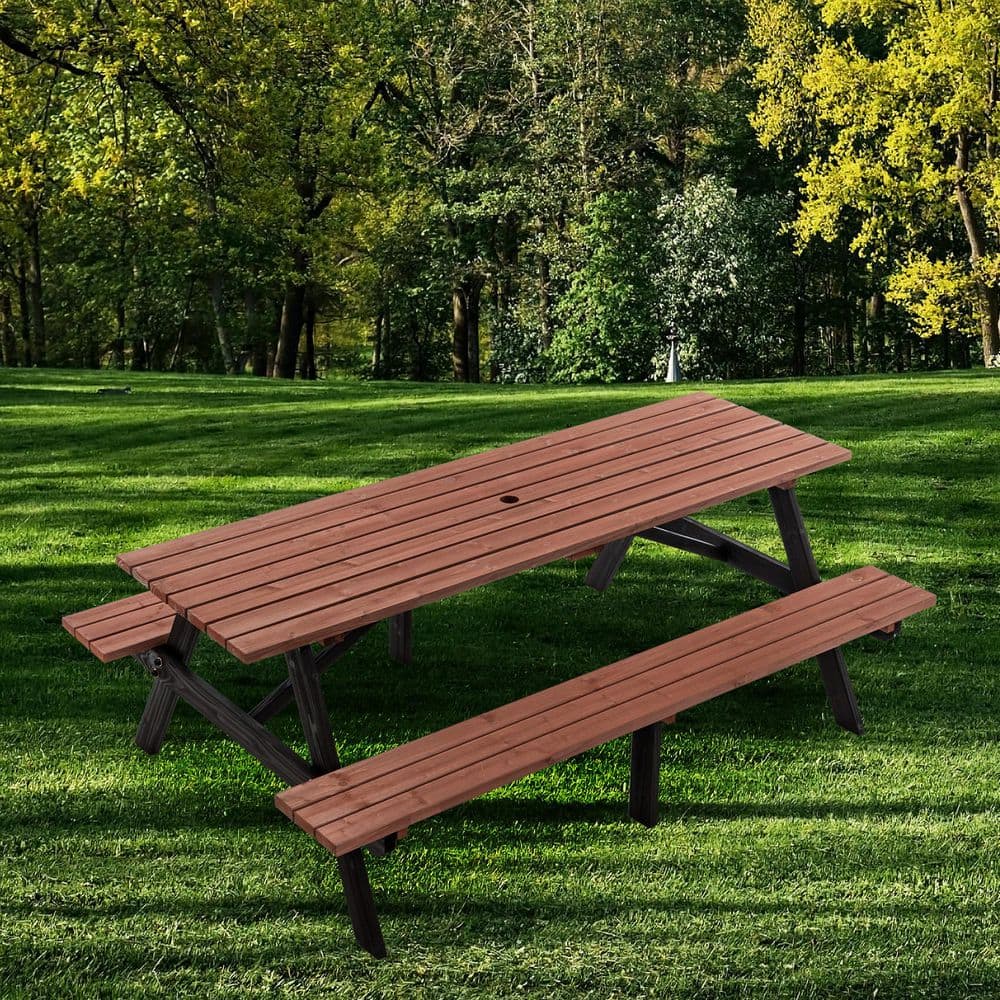 Arboris 75 in. Brown Rectangle Solid Wood Picnic Table Seats 8 People with Umbrella Hole, 2 Built-in Benches price history on PriceWatchPro