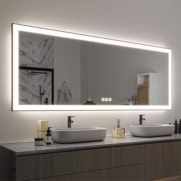 84 in. W x 32 in. H Rectangular Framed LED Anti-Fog Wall Mirror in Black with Backlit and Front Light