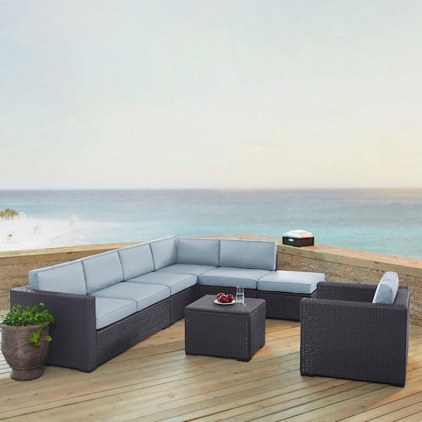 CROSLEY FURNITURE Biscayne 7-Person Wicker Outdoor Seating Set with Mist Cushions