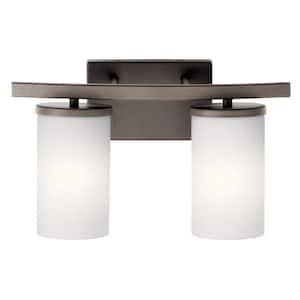 Crosby 15 in. 2-Light Old Bronze Contemporary Bathroom Vanity Light with Etched Glass Shade