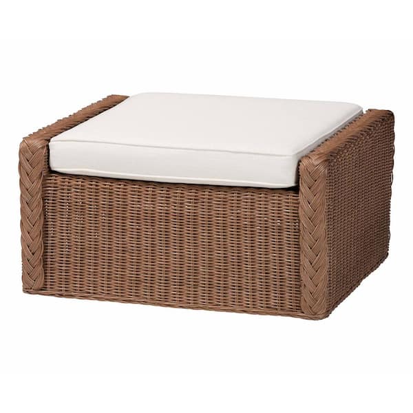 bali & pari Derris Peanut Brown Rattan and Fabric Ottoman Footstool
