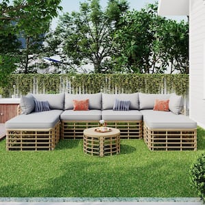 Natural 7-Piece Wicker Outdoor Sectional Set, Freely Combined Conversation Sets with Gray Thick Cushions and Table