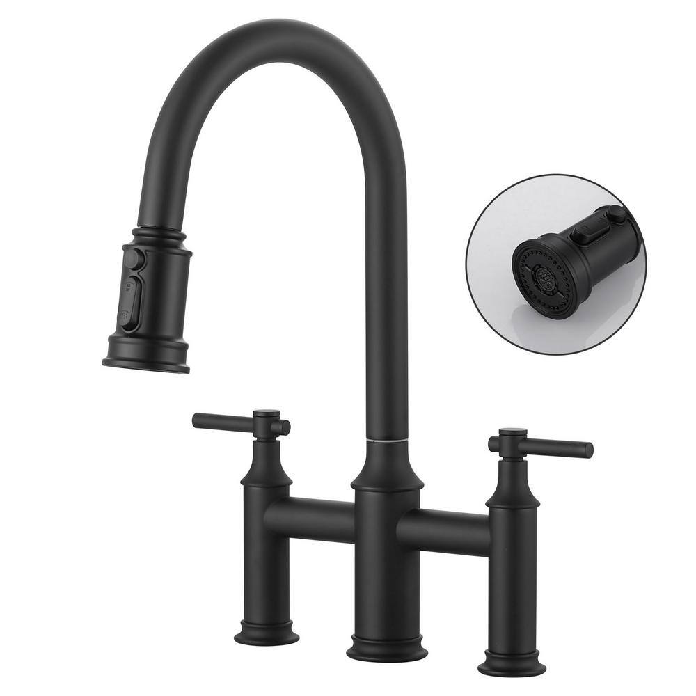 Brass Double Handles High Arc Bridge Kitchen Faucet with 3-Spray Modes Pull Down Sprayer and in Matte Black price history on PriceWatchPro