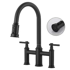 Brass Double Handles High Arc Bridge Kitchen Faucet with 3-Spray Modes Pull Down Sprayer and in Matte Black