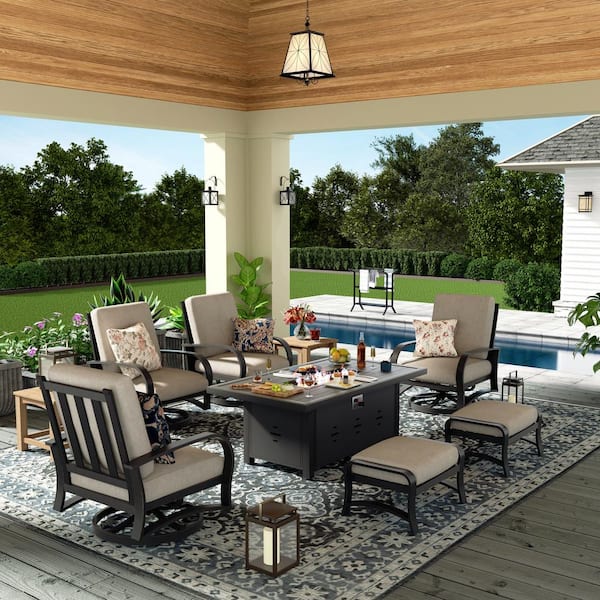 ULAX FURNITURE 7-Piece Aluminum Outdoor Conversation Set with Fire Pit Table, Swivel Lounge Chair