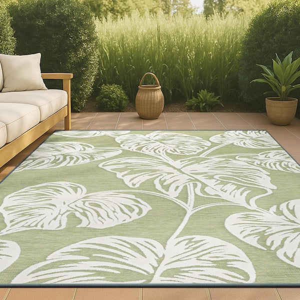 Light Green/Ivory 4 ft. x 6 ft. Tobago Approximate Rug Size High-Low 2-Tone Monstera Leaf Light Indoor/Outdoor Area Rug