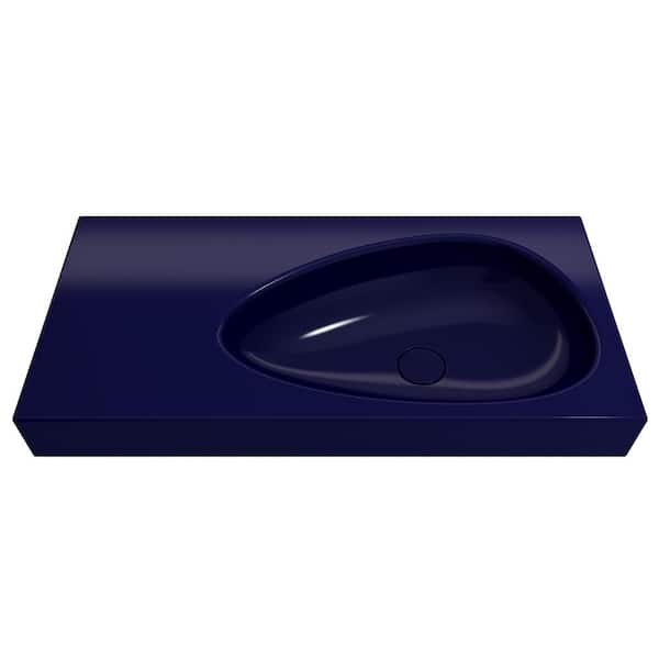 Etna Wall-Mounted Sapphire Blue Fireclay Rectangular Bathroom Sink 35.5 in. with Matching Drain Cover