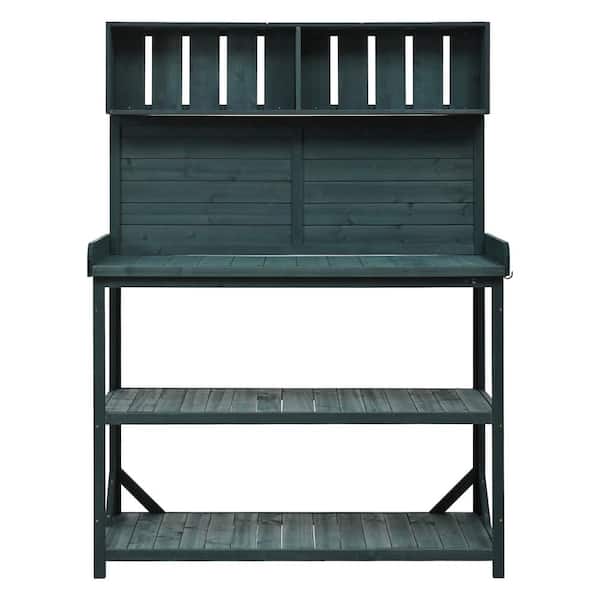 Zeus & Ruta 46.9 in. W x 65 in. H Green Large Wooden Potting Bench Table, Patio Workstation with 4-Storage Shelves and Side Hook