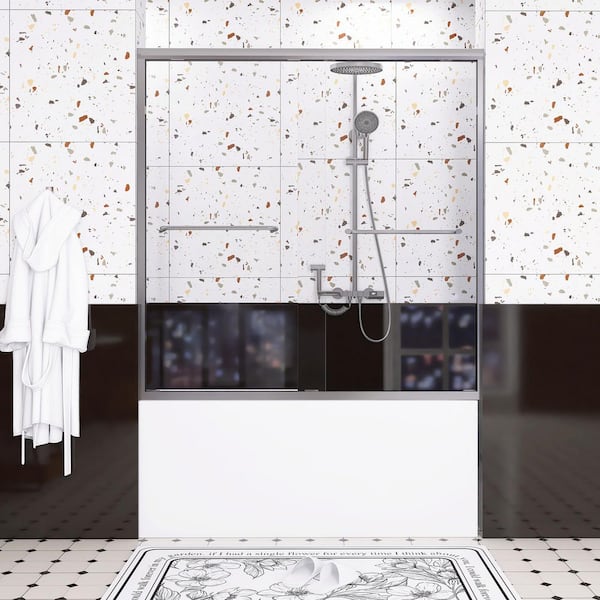 56-60 in. W x 60 in. H Double Sliding Framed Shower Door in Gun Ash with Clear Tempered Glass