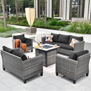 Chelan Gray 5-Piece Wicker Outdoor Patio Conversation Sofa Loveseat Set with a Fire Pit and Black Cushions