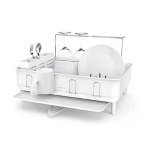 Steel Frame Dish Rack with Wine Glass Holder, White Steel