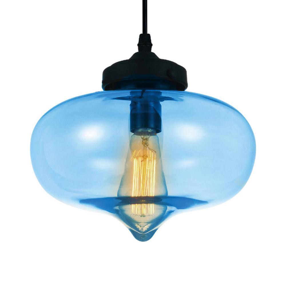 Farmhouse Mini LED Pendant in Matte Black with Fluid Blue Glass Shade
