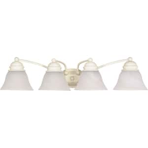 4-Light Textured White Vanity Light with Alabaster Glass Bell Shades