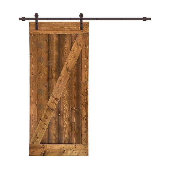 CALHOME 24 in. x 84 in. Z Bar Walnut Stained Solid Knotty Pine Wood Interior Sliding Barn Door with Sliding Hardware Kit