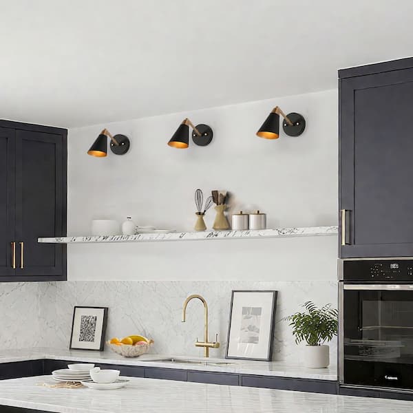 Flumie 1-Light Industrial Black Indoor Wall Sconce Modern Brass Vanity Light Adjustable Head with Cone Metal Shade