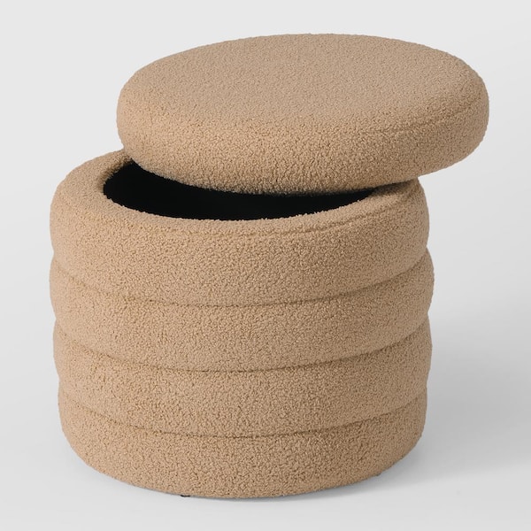 Bayville Modern 16 in. Tall Sherpa Fabric Tufted Round Storage Ottoman in Camel