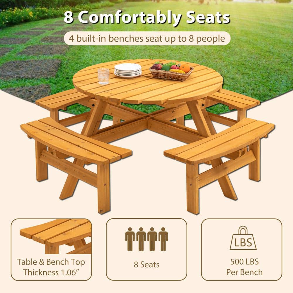 Natural Brown Round Wood Picnic Table with Built-in Benches and Umbrella Hole