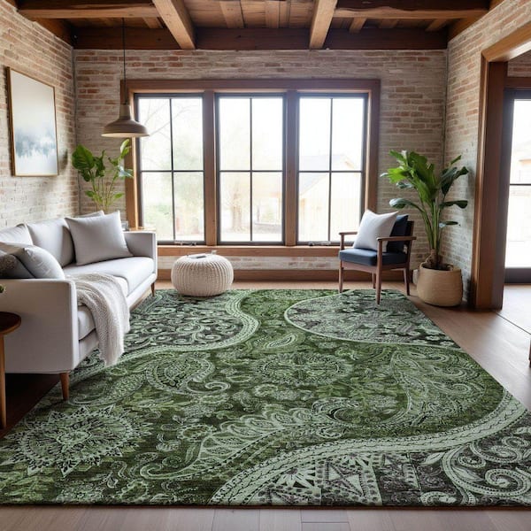 Mayfield Premium Machine Washable Abstract AMF1078 Olive 9 ft. x 12 ft. Area Rug