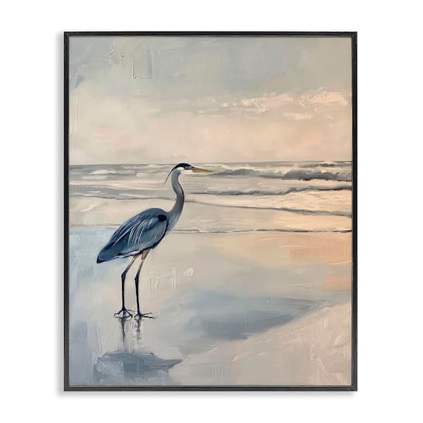 Stupell Industries Heron on Classic Coast by Petal Prints Design Black Framed Coastal Giclee Art Print 14 in. x 11 in.