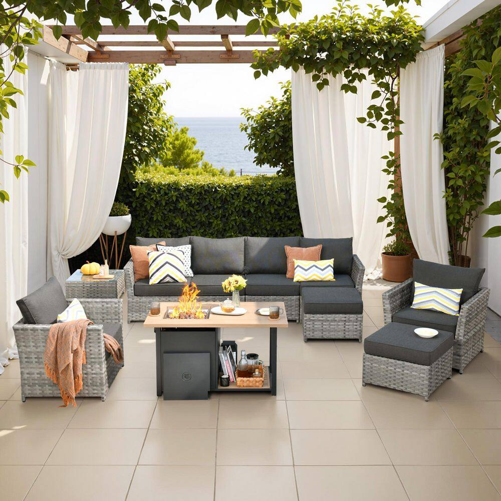 Eufaula Gray 10-Piece Wicker Modern Outdoor Patio Conversation Sofa Set with a Storage Fire Pit and Black Cushions price history on PriceWatchPro