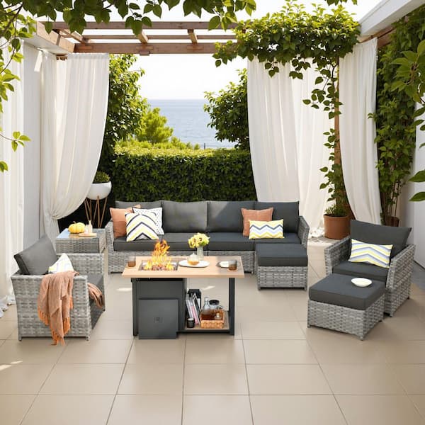 Toject Eufaula Gray 10-Piece Wicker Modern Outdoor Patio Conversation Sofa Set with a Storage Fire Pit and Black Cushions