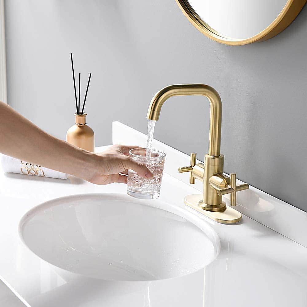 Brushed Gold 2-Handle Low-Arc Bathroom Faucet with Drain
