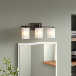 Dakota 24 in. 3-Light Biscayne Bronze Vintage Industrial Vanity with Frosted White Glass Shades