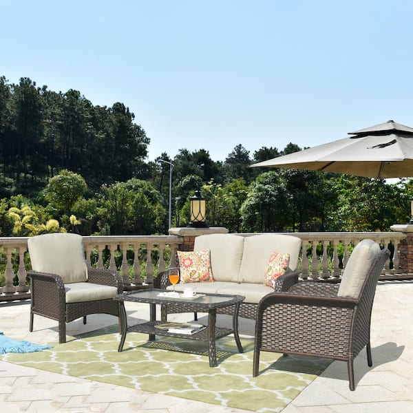 OVIOS Michefor Brown 4- Piece Wicker Patio Conversation Set with Beige Cushions