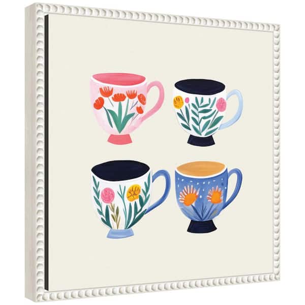 Kate and Laurel Sylvie "Botanical Coffee Shop Tea Cups" by The Creative Bunch Studio Beaded White Framed Art Print 16 in. x 16 in.