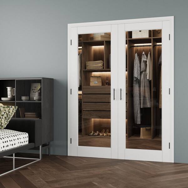 60 in. x 80 in. 1-Lite Clear Glass Universal White Solid Core Wood Double Prehung French Door+ Separate Jamb&Ball Catch